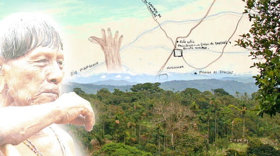 Photomontage : indien isolé et carte dessinés à la main avec pour fond la forêt tropicale