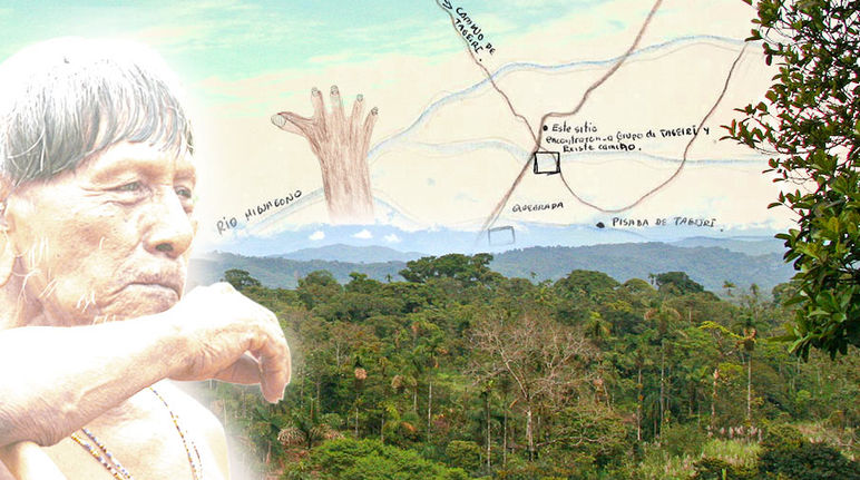 Photomontage : indien isolé et carte dessinés à la main avec pour fond la forêt tropicale