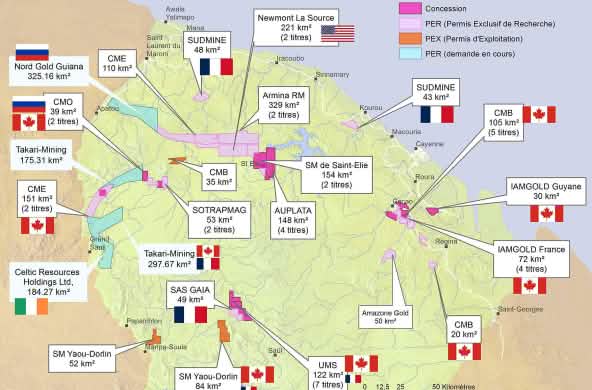 Carte Permis miniers Guyane réalisée par le collectif Or de question