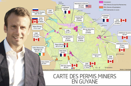 Photomontage : Emmanuel Macron avec en arrière plan la carte des permis miniers en Guyane française