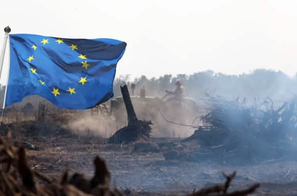 Photomontage : un drapeau de l'Union européenne flotte devant une surface de défrichement brûlée dans la forêt vierge