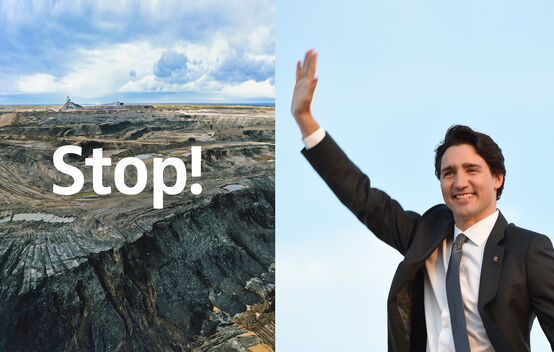 Fotomontage : à gauche une vue aérienne d’une zone dévastée par l’extractiond de sables bituineux, à droite le premier ministre canadien Justin Trudeau