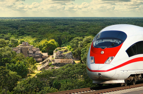 Collage : train et ruines Maya Ek Balan dans l’État du Yucatán