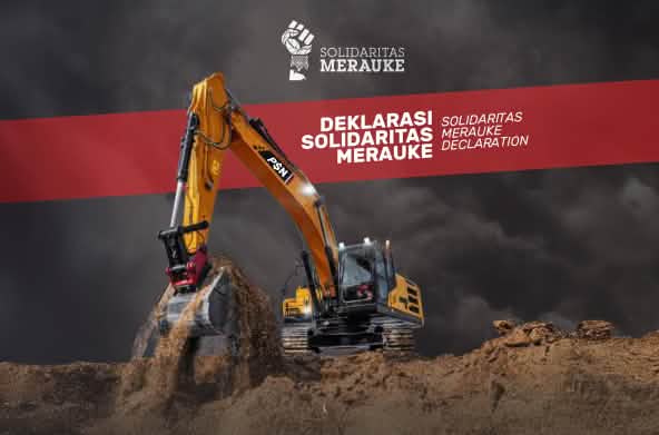 Photo de couverture de la "Déclaration de Solidarité Merauke" avec une pelleteuse
au premier plan