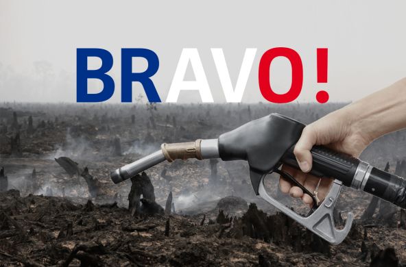 Photomontage : une pompe à essence aux couleurs de la France avant en arrière plan une forêt tropicale venant d'être incendiée pour la culture d'huile de palme