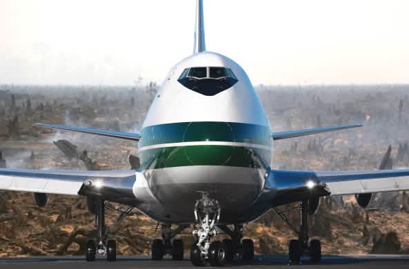 Photomontage : un avion de face avec en arrière-plan les cendres encore fumantes d'une forêt tropicale venant d'être incendiée