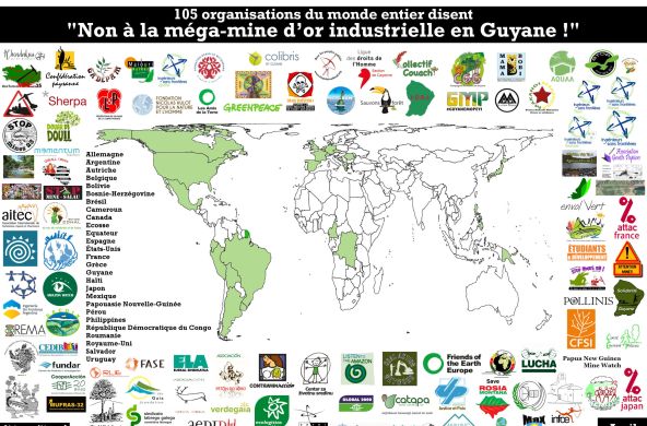 Carte du Monde localisant les 105 organisations s'opposant au projet de mine industrielle Montagne d'Or en Guyane