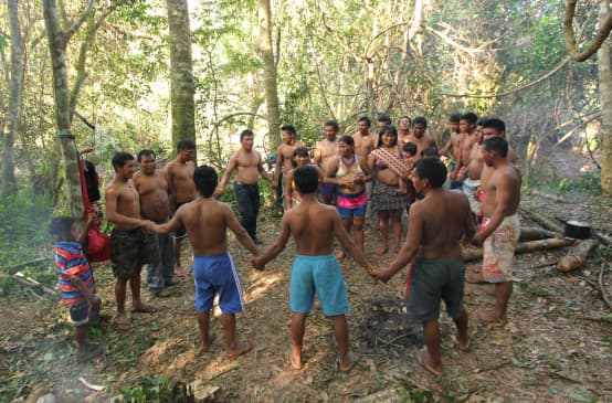 Des indigènes Ka’apor (hommes , femmes et enfants) forment un cercle en se tenant par la main dans la forêt tropicale