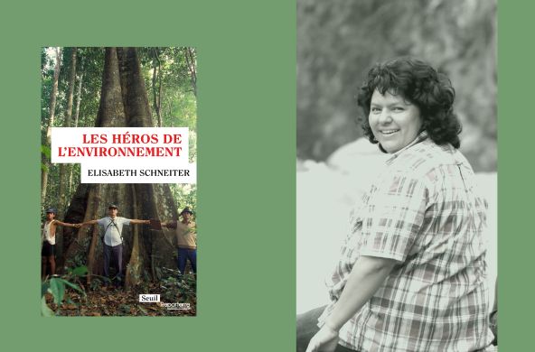 Photomontage : Livre "Les héros de l'environnement" à gauche et l'activiste assassiné Berta Caceres