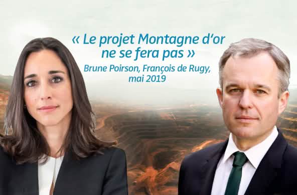 Photomontage : Brune Poirson et François de Rugy avec en arrière plan un exemple de mine industrielle. Citation : « Le projet Montagne d'or ne se fera pas » datant de mai 2019