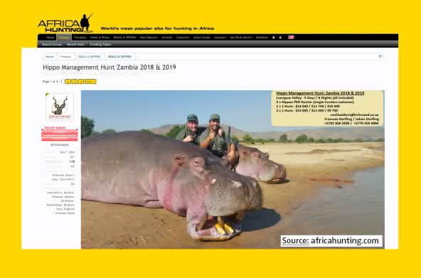 Capture d'écran de site internet offrant des chasses à l'hippopotame
