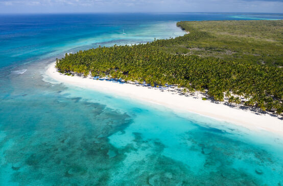 Vue aérienne de l’île Saona en République Dominicaine avec ses cocotiers et sa mer des Caraïbes turquoise
