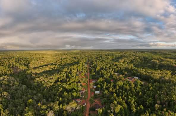 Vue aérienne du village de Wambon dans le district de Boven Digoel (province de Papouasie, Indonésie)