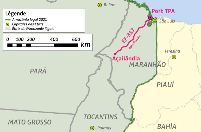 Carte de la partie nord-est de l’Amazonie légale brésilienne "Amazônia legal 2021" avec l’emplacement du port TPA et du tracé de la voie ferrée EF-317. Source : IBGE, GPM Carte montrant l’emplacement du port TPA et de la voie ferrée de fret EF-317 vers "Amazônia legal 2021" au Brésil