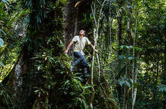 Francisco grimpe à un arbre dans la forêt tropicale