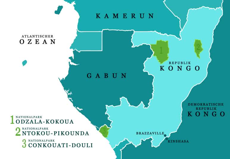 Carte de la République du Congo et des pays voisins, sur laquelle figurent trois parcs nationaux.