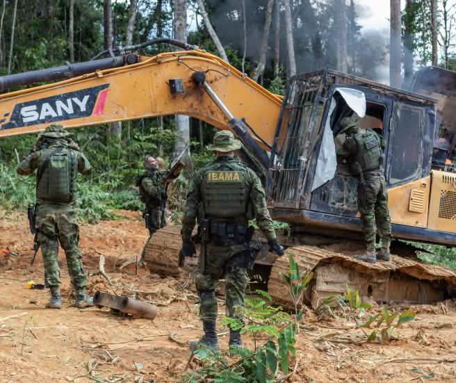 Quatre hommes armés en tenue de camouflage détruisent une pelleteuse jaune au milieu de la forêt tropicale