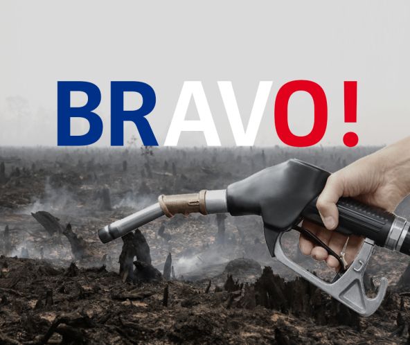 Photomontage : une pompe à essence aux couleurs de la France avant en arrière plan une forêt tropicale venant d'être incendiée pour la culture d'huile de palme