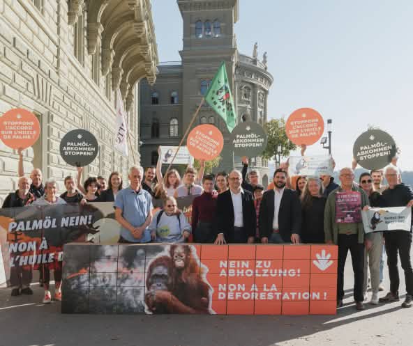 Environ 20 personnes avec des bannières à Berne.