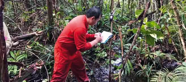 Matek fait des relevés dans la forêt à l'aide de son GPS pour cartographier le territoire des Iban