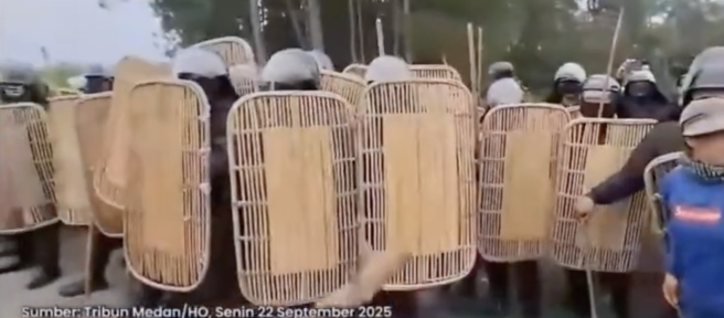 Des hommes armés de bâtons et de boucliers