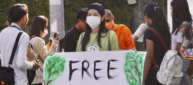 Une militante tient une grande pancarte sur laquelle on peut lire « Free Mother Nature Activist ! »