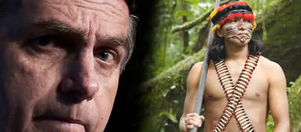 Soutenez l’initiative d’avocats brésiliens auprès de la Cour pénale internationale Photomontage : le prédisent brésilien Jair Bolsonaro (à gauche) et un Indigène d’Amazonie