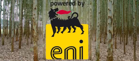 Supplanter la nature : la méthode ENI pour sauver le climat Photomontage : plantation d’eucalyptus avec le logo d'Eni