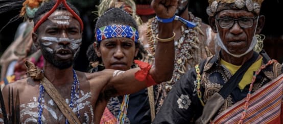 Les autochtones résistent : « La nature est détruite, les oiseaux ne chantent plus, les animaux disparaissent. Aidez-nous ! » (© Pusaka) Manifestation d’indigènes en Papouasie