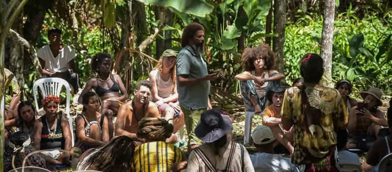 Un groupe de personnes discute à l’ombre des grandes feuilles des bananiers