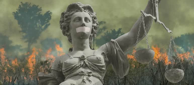Photomontage : Justitia devant la forêt tropicale en flammes