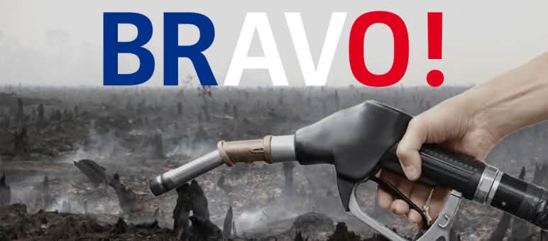 Photomontage : une pompe à essence aux couleurs de la France avant en arrière plan une forêt tropicale venant d'être incendiée pour la culture d'huile de palme