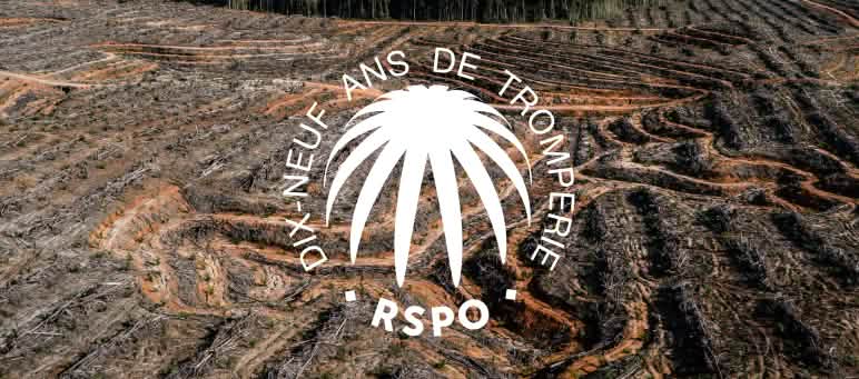 Forêt tropicale détruite pour les plantations d’huile de palme Collage : label RSPO dans lequel est inscrit "dix-neuf ans de tromperie" avec pour arrière-plan une zone de forêt tropicale déboisée.