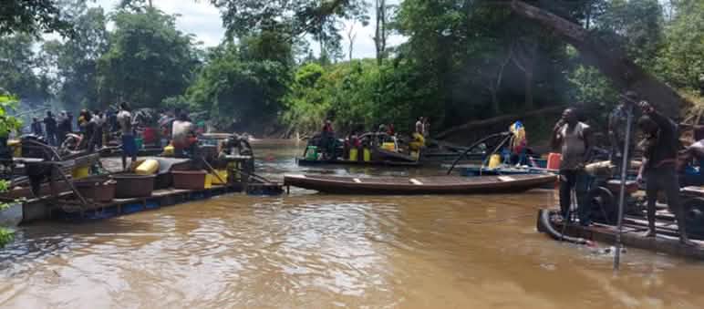 Des centaines d’orpailleurs illégaux sillonnent les rivières près du parc national de Taї Chercheurs d’or illégaux sur une rivière en Côte d’Ivoire