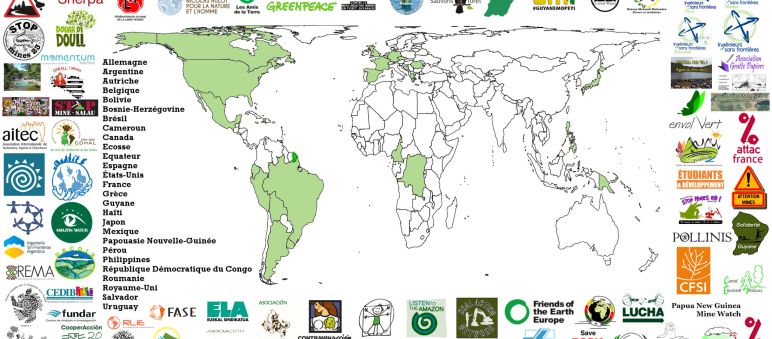 Carte du Monde localisant les 105 organisations s'opposant au projet de mine industrielle Montagne d'Or en Guyane