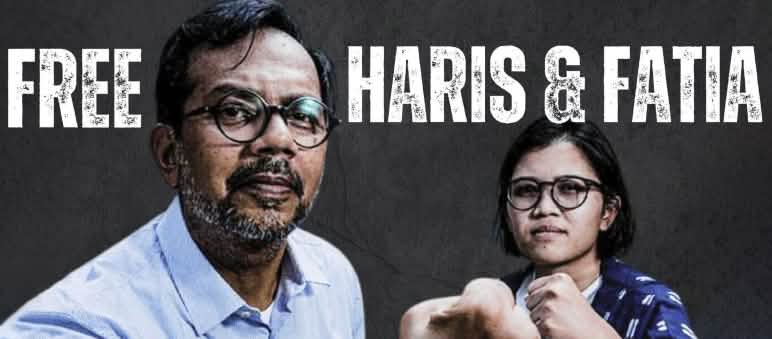 Solidarité avec les activistes pour les droits humains Haris Azhar et Fatia Maulidiyanti Les activistes pour les droits humains Haris Azhar et Fatia Maulidiyanti avec la phrase "Free Haris & Fatia"