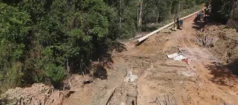 Vue aérienne de la construction d’un pipeline à boues de bauxite dans forêt tropicale