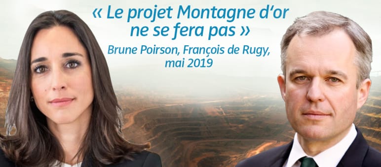 Le ministre et la secrétaire d'État ont enfin clarifié la position du gouvernement sur le projet de mine industrielle Montagne d'or en Guyane Photomontage : Brune Poirson et François de Rugy avec en arrière plan un exemple de mine industrielle. Citation : « Le projet Montagne d'or ne se fera pas » datant de mai 2019