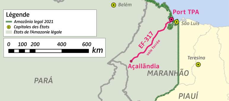 Carte montrant l’emplacement du port TPA et de la voie ferrée de fret EF-317 vers "Amazônia legal 2021" au Brésil