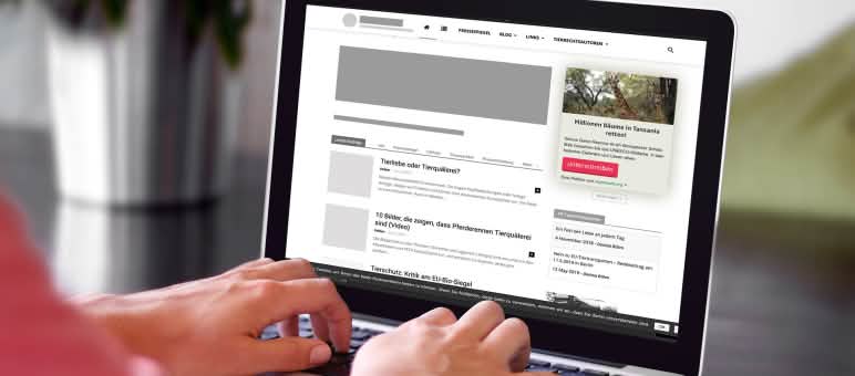 Le widget Sauvons la forêt vous permet de toujours afficher notre pétition la plus actuelle sur votre site internet Écran d’ordinateur avec un exemple de site Internet illustrant l’intégration du widget de pétition