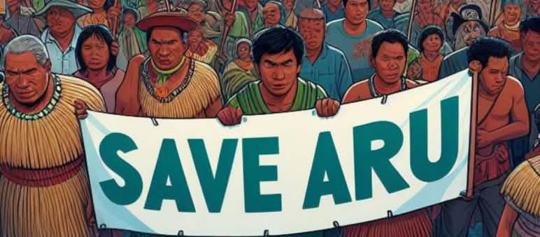 Illustration représentant une manifestation avec des personnes tenant une bannière sur laquelle est écrit le message "Save Aru"