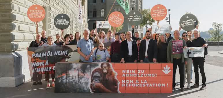Environ 20 personnes avec des bannières à Berne.