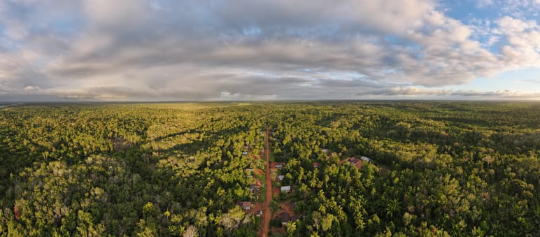 Vue aérienne du village de Wambon dans le district de Boven Digoel (province de Papouasie, Indonésie)