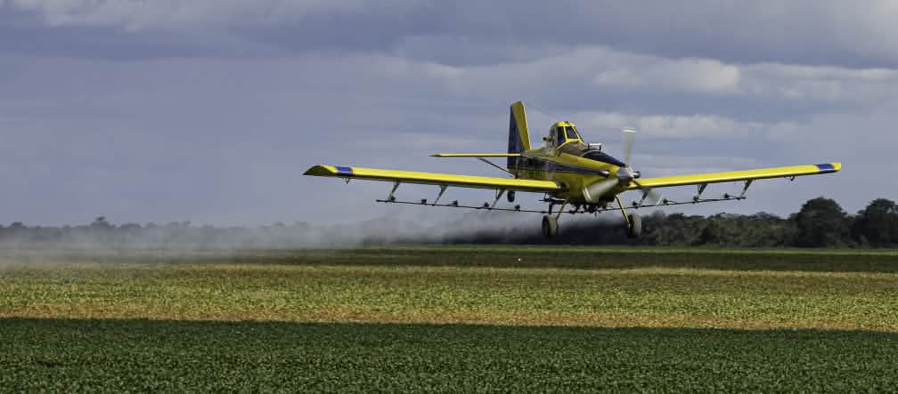 Un avion pulvérise des pesticides au-dessus d’un champ de soja dans l’État de Maranhão au Brésil Un avion à hélice pulvérise des pesticides au-dessus d’un champ de soja