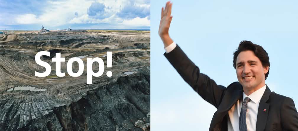 Fotomontage : à gauche une vue aérienne d’une zone dévastée par l’extractiond de sables bituineux, à droite le premier ministre canadien Justin Trudeau