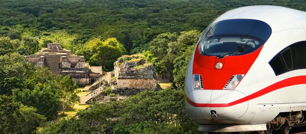 Jusqu'à 160 km/h en plein cœur de la forêt tropicale mexicaine ? Collage : train et ruines Maya Ek Balan dans l’État du Yucatán