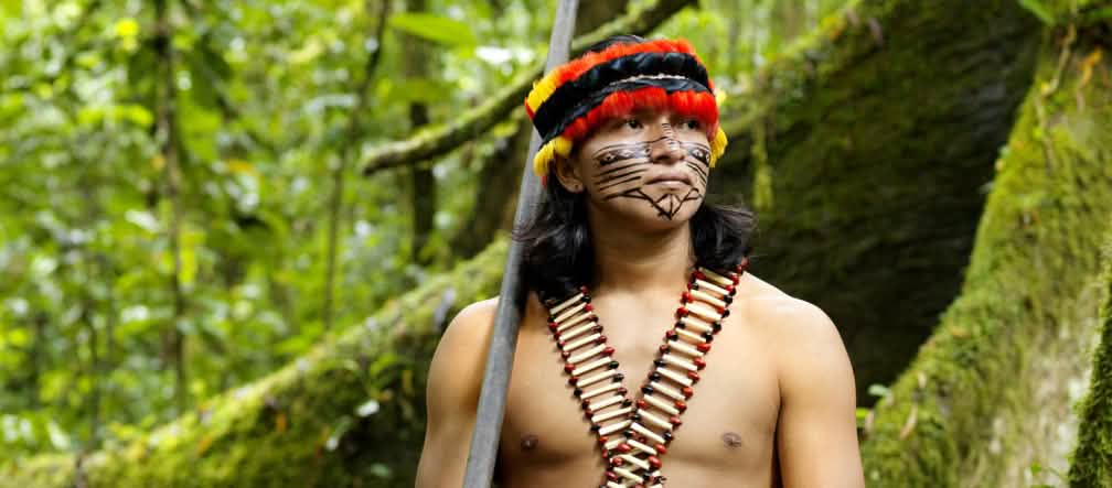 La forêt amazonienne procure aux peuples indigènes tout ce dont ils ont besoin pour vivre Un indigène muni de sa sarbacane au cœur de la forêt équatoriale