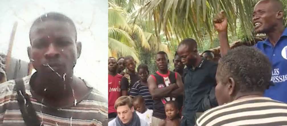 En mai/juin 2019, Joël Imbangola (à gauche) participait à la réunion entre les communautés riveraines des plantations de Boteka et les représentants du mécanisme de plaintes de la banque de développement allemande DEG L'activiste Joël Imbangola Lunea, de l'organisation RIAO-RDC, assassiné en 2019 République démocratique du Congo (RDC)