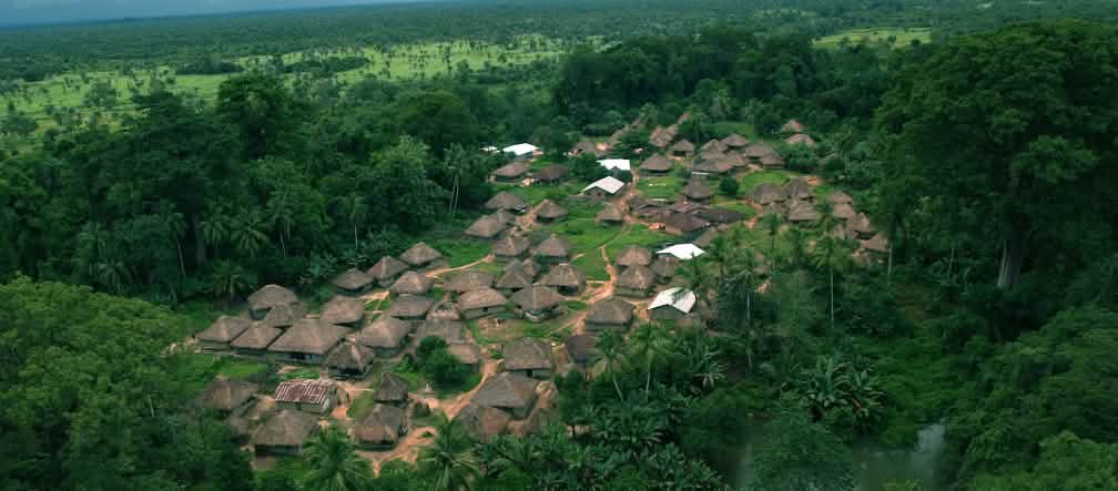 La Sierra Leone est l’un des pays les plus pauvres de la planète Vue aérienne d'un village au milieu de la forêt équatoriale en Sierra Leone