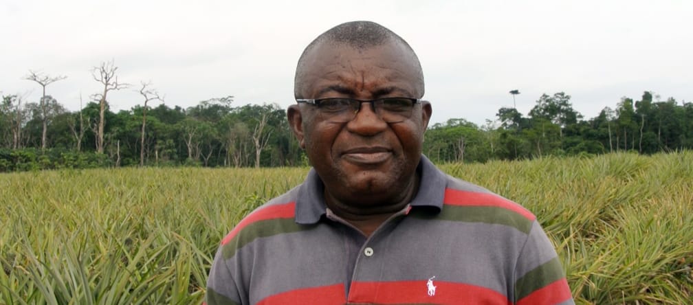 Odey Oyama se bat contre les plantations d’ananas dans le Parc national de Cross River Le défenseur de la nature Odey Oyama devant une monoculture d’ananas